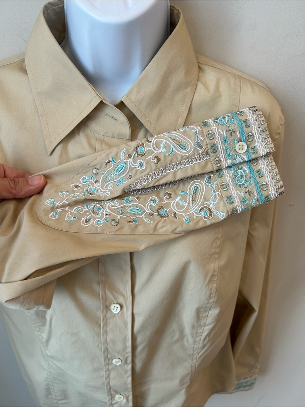 Marc Aurel Embroidered Cuff Beige Button Up Blouse Boho Luxe EU 42
